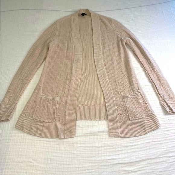 Talbots Linen Open Cardigan Long Sleeve Sweater Pockets Tan Cream Office Medium - Picture 1 of 15